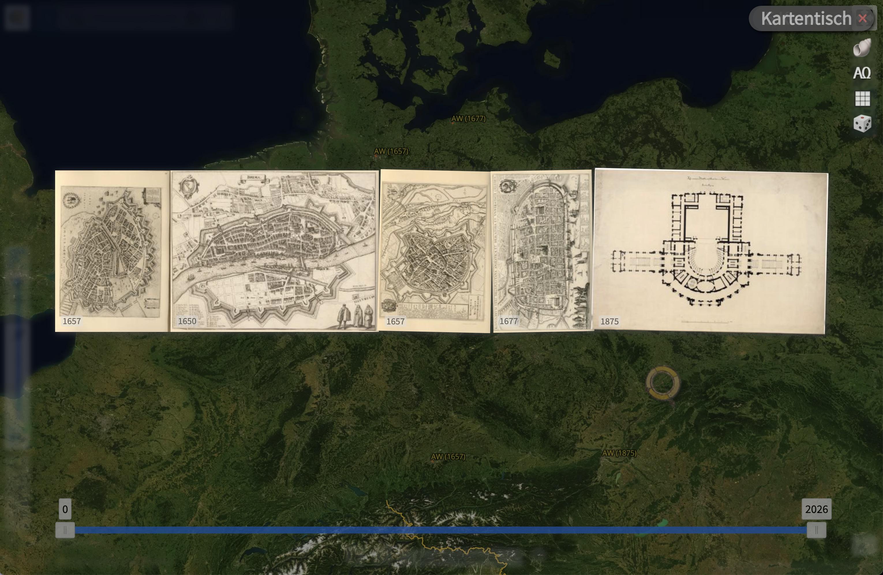 Green satellite view of Europe with 5 thumbnails of old maps