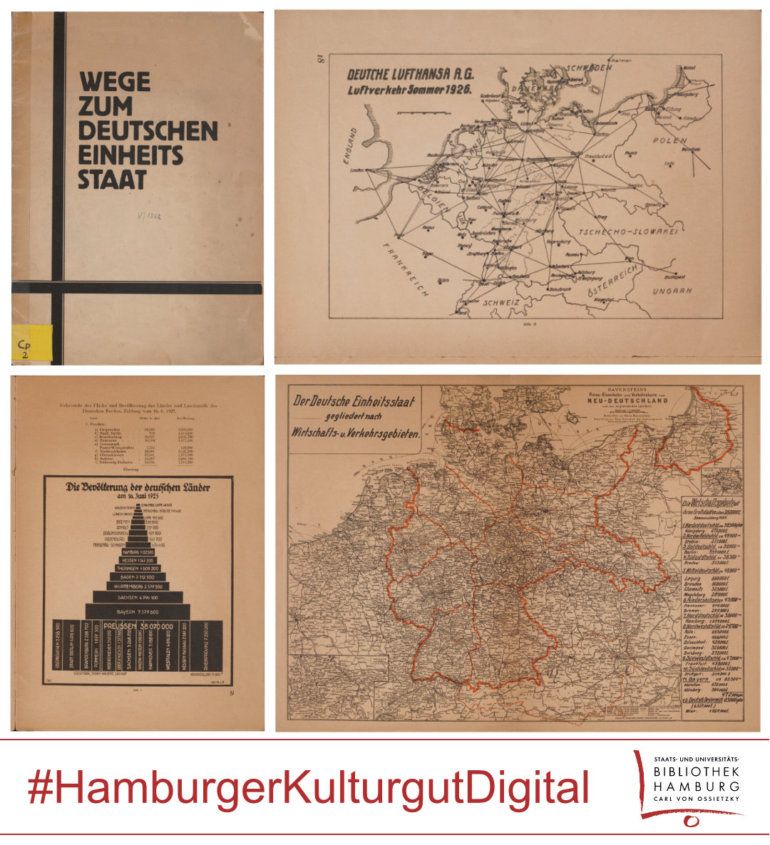 Vier historische Dokumente sind in einem Raster angeordnet. Oben links befindet sich ein braunes Buch mit schwarzem Kreuzband und dem Titel 'WEGE ZUM DEUTSCHEN EINHEITS STAAT'. Oben rechts ist eine Landkarte mit dem Titel 'DEUTSCHE LUFTHANSA A.G. Luftverkehrs-Netzplan 1928', die Flugrouten und Städte in Deutschland zeigt. Unten links ist eine grafische Darstellung in Form einer Pyramide mit dem Titel 'Die Bevölkerung der deutschen Länder', die verschiedene Bevölkerungszahlen in gestuften Balken visualisiert. Unten rechts ist eine detaillierte Landkarte von Deutschland mit Landesgrenzen und Städten, überschrieben mit 'Der Deutsche Bundesstaat und die Reichsgründung'. Am unteren Rand steht in roter Schrift '#HamburgerKulturgutDigital' sowie das Logo und der Name der Staats- und Universitätsbibliothek Hamburg.