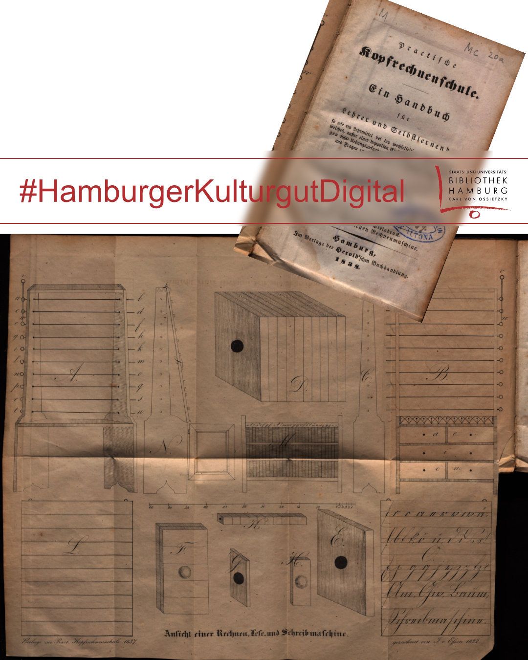 Oben rechts liegt ein aufgeschlagenes, altes Buch mit vergilbten Seiten und handschriftlichen Notizen. Darunter befindet sich eine historische, handgezeichnete Infografik auf bräunlichem Papier. Die Zeichnung zeigt verschiedene geometrische Körper, darunter Quader und Würfel, mit eingezeichneten Linien und Zahlen. Links oben sind mehrere nebeneinanderliegende, schraffierte Rechtecke zu sehen. Unten verläuft eine Zeile mit weiteren technischen Skizzen und einer handschriftlichen Beschriftung. Über die Mitte des Bildes zieht sich ein halbtransparenter Balken mit dem Hashtag 'HamburgerKulturgutDigital'. Oben links ist ein rundes Logo mit dem Schriftzug 'Staats- und Universitätsbibliothek Hamburg' zu erkennen.
