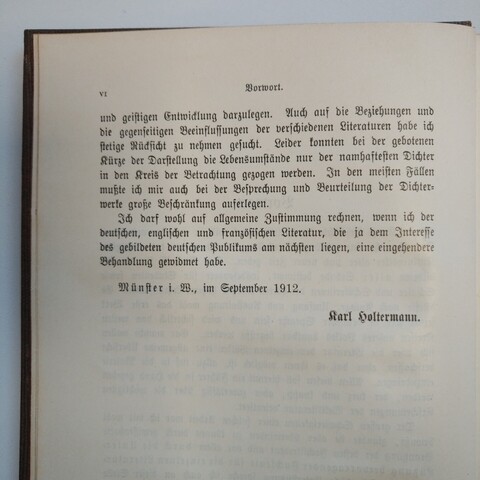 foto von seite 2 des vorworts der "kurzen geschichte der weltliteratur" von karl holtermann, freiburg 1912