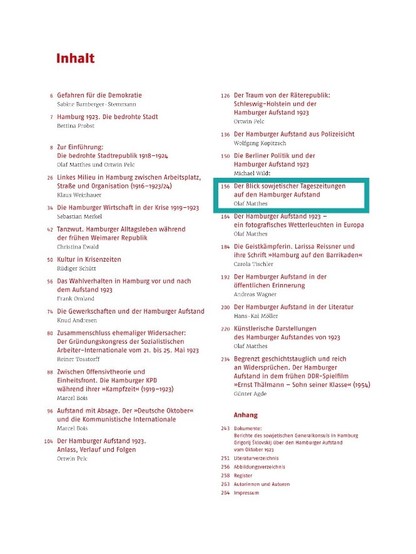 Inhaltsverzeichnis der Begleitpublikation. Hervorgehoben wurde der Aufstaz: "Der Blick sowjetischer Tageszeitungen auf den Hamburger Aufstand".