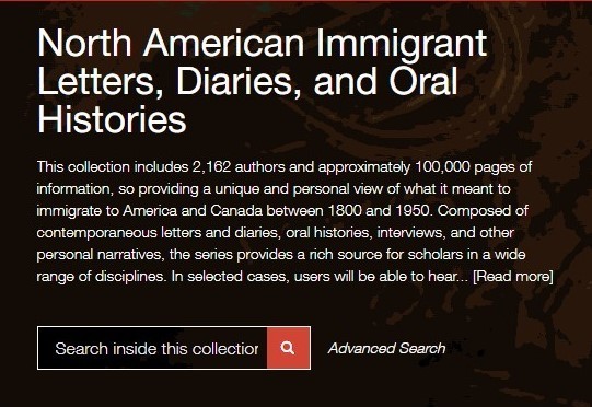 Screenshot der Einstiegsseite in die Datenbank "North American Immigrant Letters, Diaries and Oral Histories"