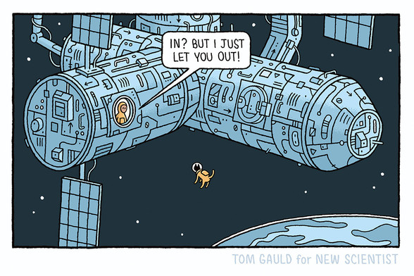 A view of the International Space Station. A cat in a space suit floats outside. An astronaut within the station looks out of a window and says "In? But I just let you out." (description by Tom Gauld)