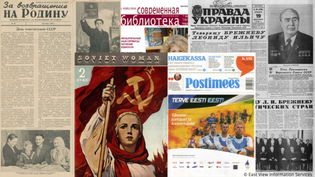 Collage mit den Titelseiten folgender Periodika: Za vozvraščenie na Rodinu, Soviet Woman, Gudok, Pravda Ukrainy, Sovremennaja biblioteka, Postimees