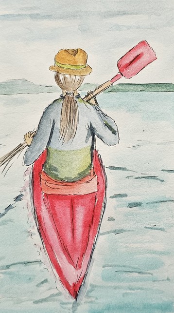 Aquarell: Frau mit Hut paddelt im roten Kajak.
Watercolor: Woman with hat paddles in red kayak.