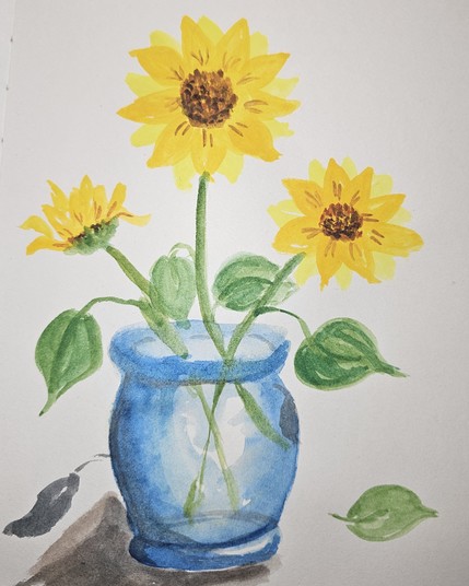 Aquarell: Drei Sonnenblumen in einer rundlichen Glasvase
Watercolor: Three sunflowers in a roundish glass vase
