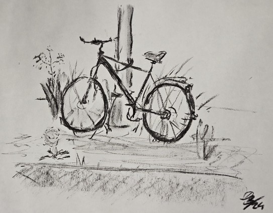 Skizze: Angeschlossenes Herrenrad am Laternenpfahl umgeben von Gras