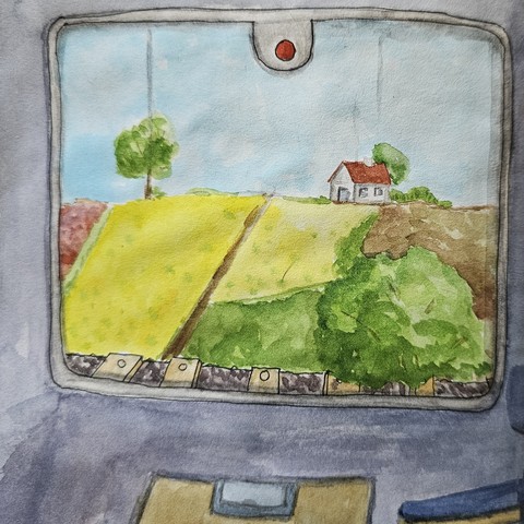 Aquarell: Blick aus dem Zug auf eine flache Landschaft mit blühenden Rapsfeldern. In der Ferne steht ein Baum und ein kleines Haus.