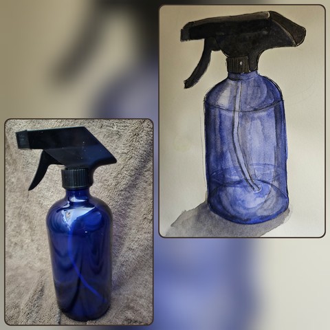 Original und Aquarell: Blaue Glassprühflasche mit schwarzem Sprühaufsatz aus Plastik