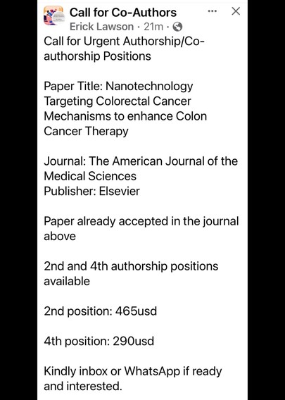 Screenshot eines Postings, worin ganz offen Autorschaften an einem Elsevier-Artikel mit Preisen angeboten werden. Quelle: https://twitter.com/acochran12733/status/1786773475933225044