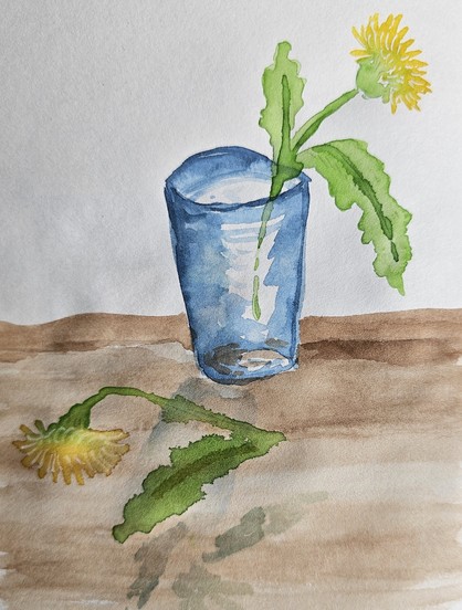 Watercolor: A dandelion in a glass with water and a withering dandelion in front of it