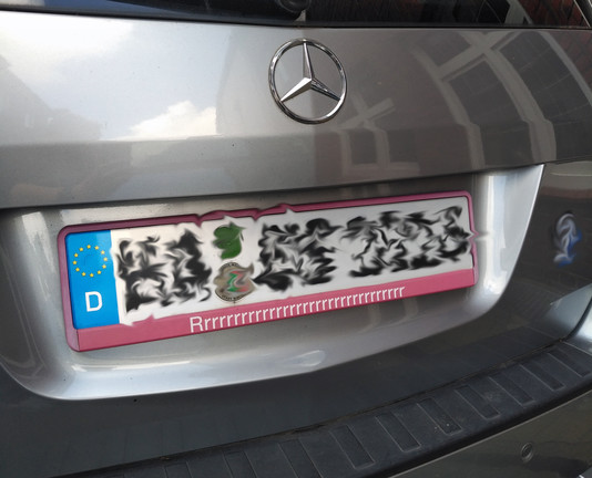 foto des hinteren kennzeichens eines autos, das in einem pinkfarbenen halter steckt, auf dem im beschriftungsfeld "Rrrrrrrrrrrrrrrrrrrrrrrrrrrrrr" steht