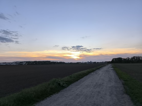 Das Foto zeigt eine Landschaft. In der oberen Hälfte der Himmel mit Sonnenuntergang, in der unteren Hälfte grüne Felder und ein Feldweg, die schon ziemlich dunkel sind. 