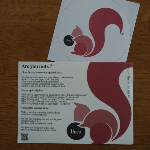 werbe-aufkleber und -postkarte der schuh-firma thies, u.a. mit eichhörnchen-fun-facts und -witzen auf der postkarte