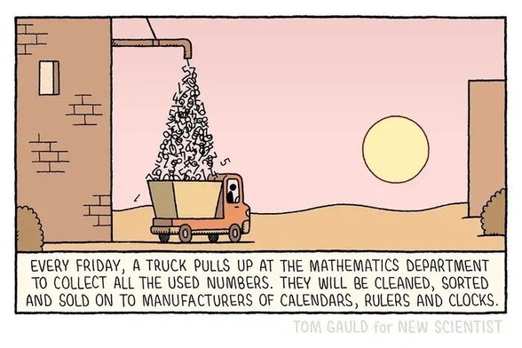 a cartoon showing a truck in front of a building; from a kind of "pipe" numbers fall down in the truck