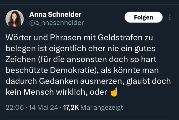 Tweet von Anna Schneider, in dem sie sich darüber mokiert, dass Höcke wegen Nazisprüchen zu einer Geldstrafe verurteilt wurde.