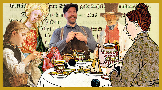 Collage mit historischen Bildern strickender Menschen um einen gedeckten Kaffeetisch - in der Mitte Foto vom strickenden Kollegen