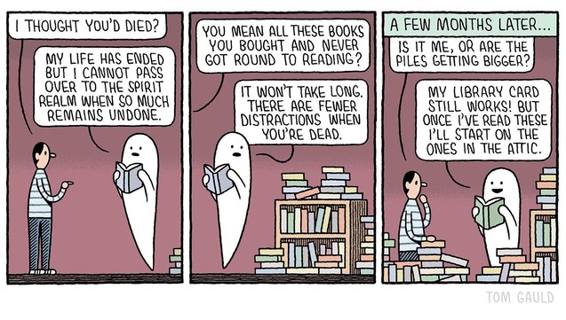 Panel 1: A man finds a ghost reading a book and says 
