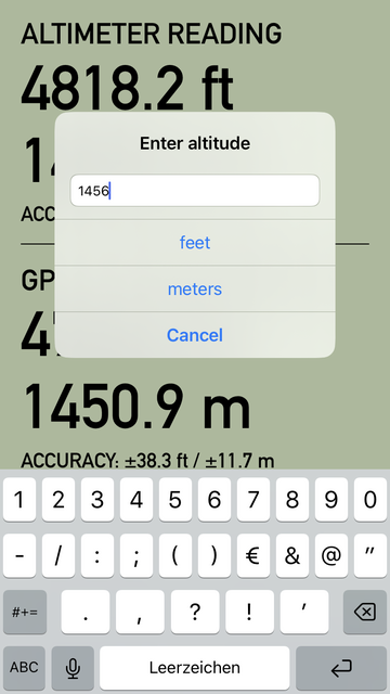iOS Screenshot: Barometric altitude and GPS altitude are displayed in large easy to read numbers, showing units of both feet and meters, and giving realtime accuracy estimates from the hardware. On top floats an input box where you can enter the current hight in feet or meters.
