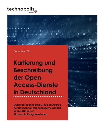Cover eines Berichts mit dem Logo der Technopolis-Group, einem blauen digitalen Hintergrund und einem roten Abschnitt mit dem Titel „Kartierung und Beschreibung der Open-Access-Dienste in Deutschland“.