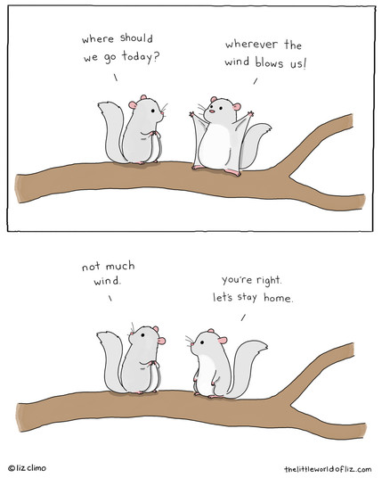 cartoon with two little grey-white flying squirrels sitting on the brach of a tree.
in the first panel the left one asks "where should we go today?", to which the right one says "wherever the wind blows us!" with its arms wide open. 
on the secobd panel the left one says "not much wind", and the right one says "you're right. let's stay home."
