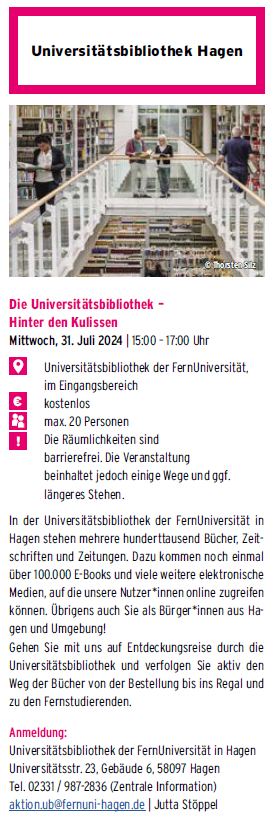 Screenshot der Veranstaltung der UB Hagen auf S. 21 im Programmheft zum Hagener Urlaubskorb. 