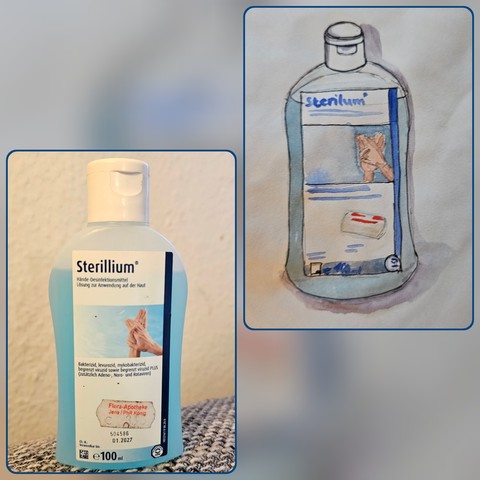 Original und Aquarell: Kleine Flasche Desinfektionsmittel,  welches blau eingefärbt ist.