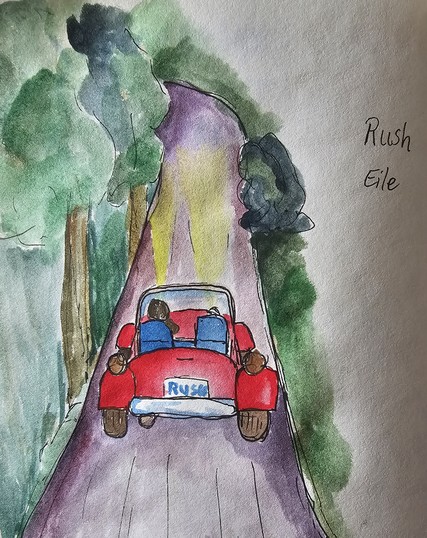 Watercolor with fineliner: at night in the Oldtimercabrio on a narrow country road with light on. On the left are tall trees, on the right bushes and grass

Aquarell mit Fineliner: nachts im Oldtimercabrio unterwegs auf einer schmalen Landstraße mit Licht an. Links stehen hohe Bäume, rechts Büsche und Gras