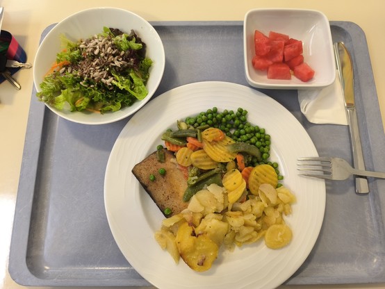 Das Foto zeigt ein Tablett, darauf unten mittig ein Teller, oben links eine Salatschale und oben rechts eine Schale mit Melone. Auf dem Teller mein Mittagessen: Bratkartoffeln, ein großes Stück Räuchertofu, Erbsen und Mischgemüse. 
