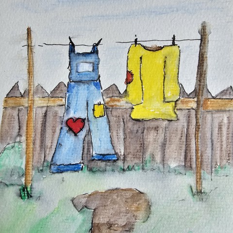 Watercolor pens and fontain pen with ink: dungarees with red heart patch on the knee as well as yellow sweater with a patch on the right elbow

Watercolor Stifte und Füller mit Tinte: Latzhose mit rotem Herzflicken auf dem Knie sowie gelber Pullover mit Flicken am rechten Ellenbogen 
