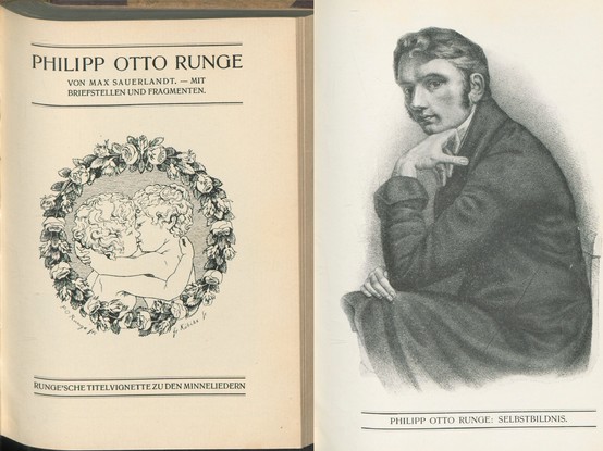 Runge’sche Titelvignette zu den Minneliedern (links) und Selbstbildnis Philipp Otto Runge (rechts)