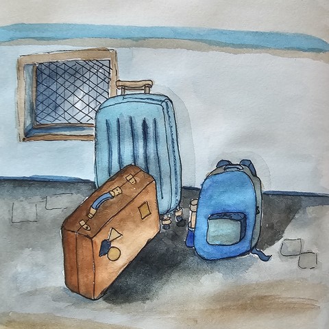 Watercolor with fineliner: On the walkway in front of a house - parked luggage. A old trunk, a trolley and a backpack

Aquarell mit Fineliner: Auf dem Gehweg in Front eines Hauses - abgestelles Gepäck. Ein Koffer,  ein Trolley und ein Rucksack 