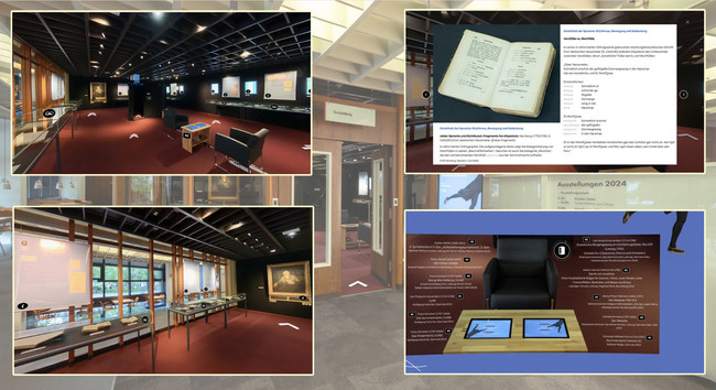 Virtuelle 360°-Führung durch die Klopstock-Ausstellung (Collage aus fünf Abbildungen des Ausstellungsraumes)