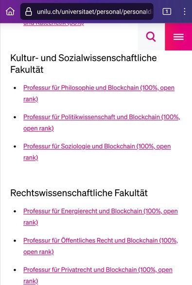 Screenshot der Stellenanzeigenseite der Uni Luzern mit einer Reihe von Blockchain-Professuren, u.a. Philosophie, Soziologie und Recht.