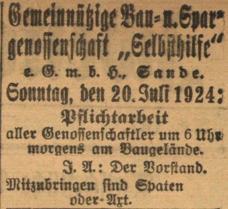 Anzeige zu Pflichtarbeit der Baugenossenschaft, 20.07.1924 