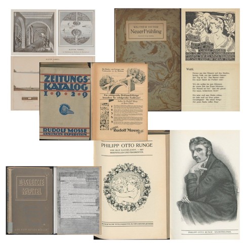 Eine Collage mit verschiedenen historischen Buchumschlägen, Illustrationen und Seiten. Die Bilder umfassen kunstvolle Typografie, Kunst, Werbung und Porträts, die verschiedene Stile und Themen aus Veröffentlichungen des frühen 20. Jahrhunderts widerspiegeln.