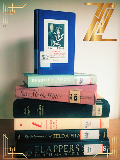 a bookstack of several books on and by Zelda Fitzgerald. The image is decorated with art-déco style golden elements and a big golden letter 