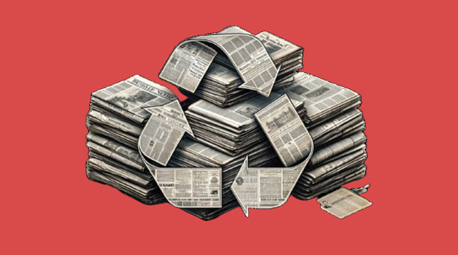 Collage: Zeitungsstapel mit dem Recyclingsymbol davor, 3 Pfeile, die sich in dreiecksform folgen