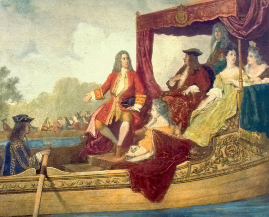 Gemälde von E. J. C. Hammann. Auf einer Barke mit Baldachin sitzt Händel mit anderen Personen neben König Georg, im Hintergrund eine weitere Barke mit Musikern.
