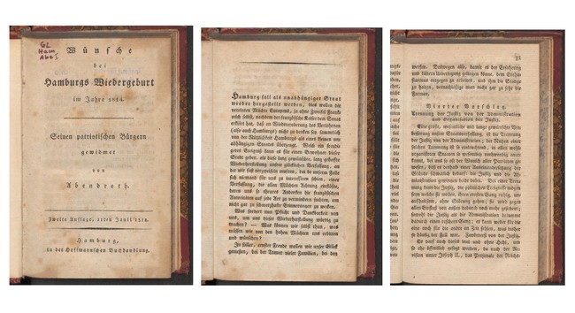 Drei Seiten aus einem alten deutschen Buch. Die erste Seite ist die Titelseite mit gotischem Schrifttext einschließlich des Titels 