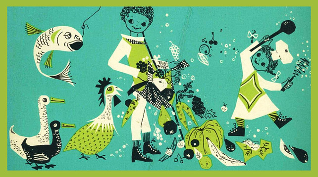 Illustration mit 2 Kindern in Koch-Kleidung mit Küchengeräten, drumherum Hühner, Enten, ein Fisch, viel Gemüse und Obst