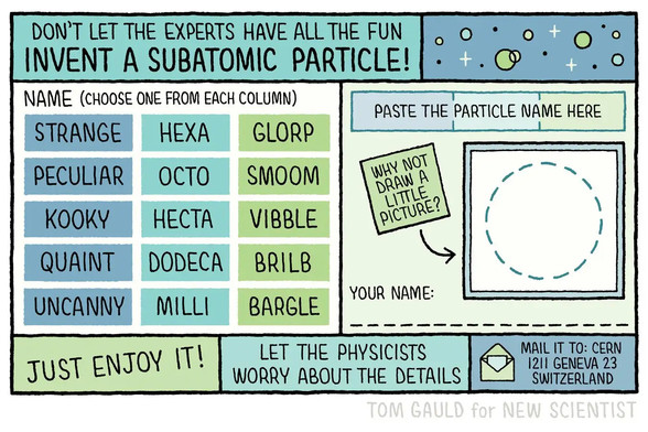 Title: Don't let the experts have all the fun: Invent a subatomic particle!
Image: a diagram that helps the reader come up with a new particle with a silly name along the lines of the Strange Tetra Quark. 
(Alt text by Tom Gauld)