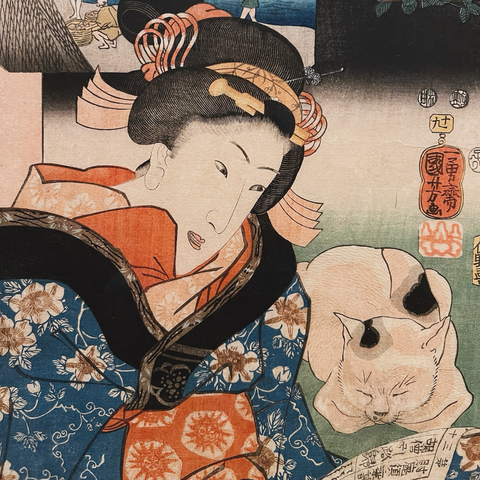 Japanischer Holzschnitt: Frau mit Katze