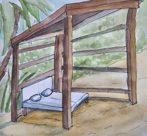 Watercolor with fineliner: wooden houses on the sandy beach under palm trees with lying area (Cabana)

Aquarell mit Fineliner: Holzhäuschen am Sandstrand unter Palmen  mit Liegefläche (Cabana)