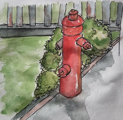 Watercolor with fineliner: Red hydrant in front of a bush and a fence on a curb

Aquarell mit Fineliner: Roter Hydrant vor einem Busch und einem Zaun an einer Bordsteinkante 