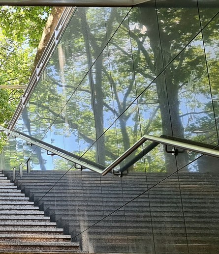 Aufgang aus einer U-Bahn-Station. Links unten ist ein kleiner Teil der Treppe im Bild. Rechts spiegelt sie sich und man erkennt, dass sie sehr breit ist. Ein Handlauf mit zwei Knicken, die er wegen eines Treppenabsatz hat, verläuft über die spiegelte Fläche. Weil das Foto von weit unten aufgenommen ist, spiegeln sich auch Bäume und der Himmel außerhalb der U-Bahnstation.