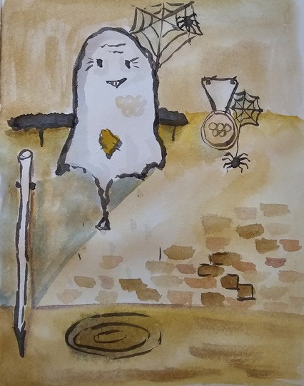 Watercolor with ink: Spirit squats on a shelf. His robe has a patch and golden Olympic rings. A spider has a net next to him. To his left is an old spear and to his right, spun into a second spider web, a gold medal hangs.

Aquarell mit Tusche: Geist hockt auf einem Regal. Sein Gewand hat einen Flicken und goldene Olympiaringe. Eine Spinne hat neben ihm ein Netz gespannt. Links neben ihm steht ein alter Speer und rechts von ihm, eingesponnen in ein zweites Spinnennetz hängt eine Goldmedaille.