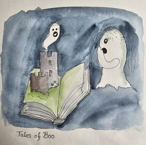 A ghost has opened a book where an old castle is opened, from whose top battlements a monk's spenst calls 'Boo'. The great ghost is frightened. Underneath the picture is: Tales of Boo

Ein Geist hat ein Buch geöffnet, wo eine alte Burg aufgeklappt ist, von deren obersten Zinnen ein Mönchsfespenst 'Boo' ruft. Das große Gespenst erschrickt. Unter dem Bild steht: Tales of Boo