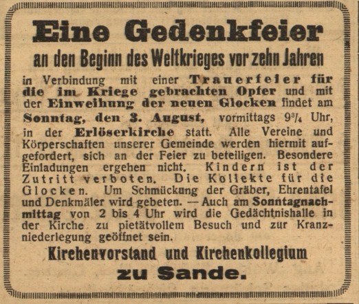 Ein alter deutscher Zeitungsausschnitt aus dem Jahr 1924, der eine Gedenkfeier zum 10. Jahrestag des Weltkriegs ankündigt, einschließlich eines Trauergottesdienstes und der Einweihung neuer Glocken, die für den 3. August in der Erlöserkirche geplant war.