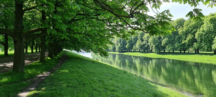 Parklandschaft mit einem Kanal, an dessen beiden Ufern Kastanienalleen stehen. 